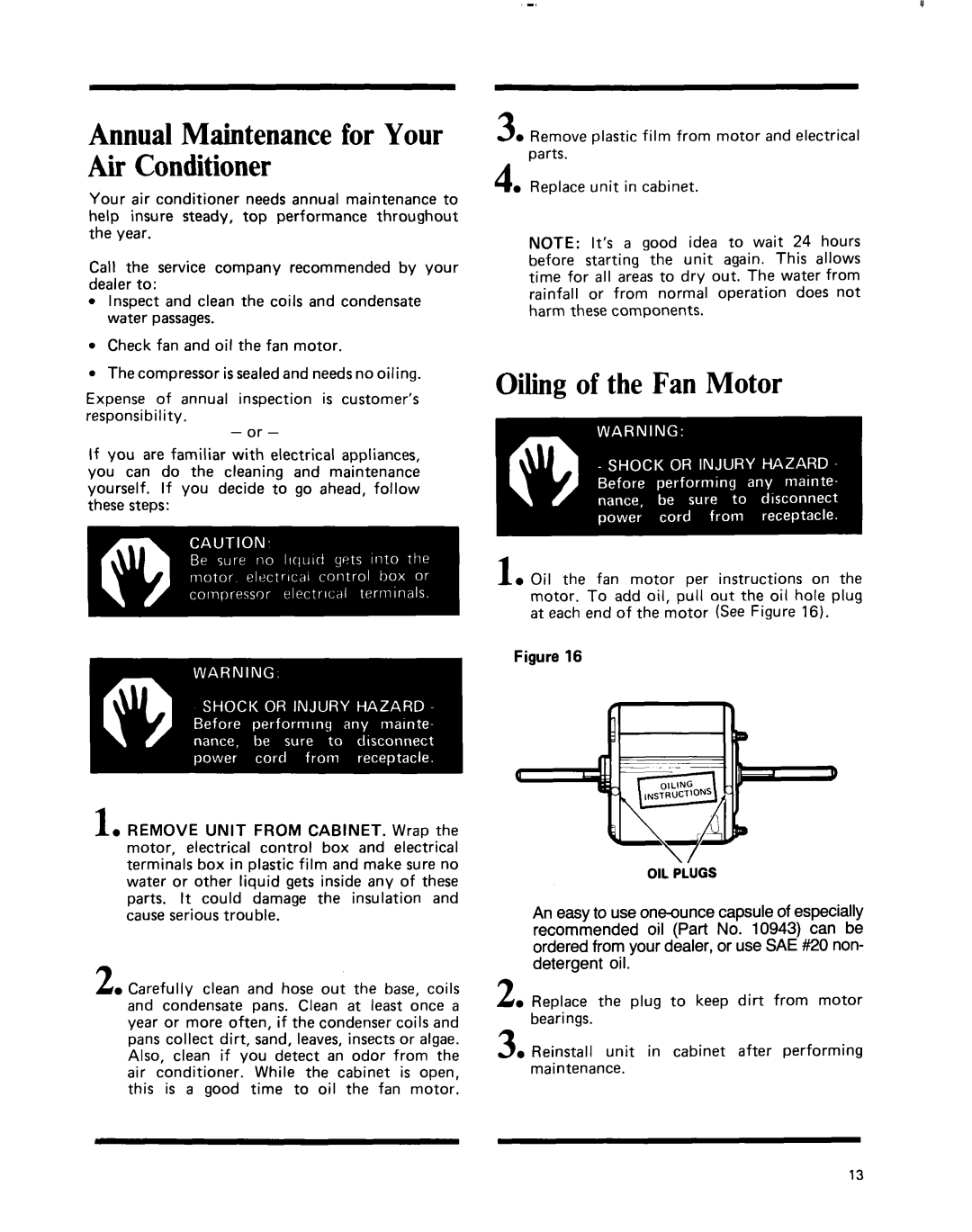 Whirlpool ACE184XM0 manual Annual Maintenance for Your Air Conditioner, Oiling of the Fan Motor 