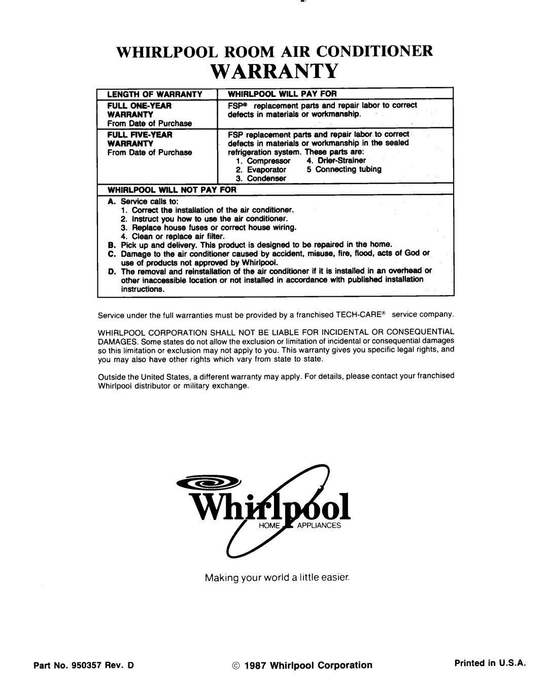 Whirlpool ACE184XM0 manual Room, Making your world a little easier, Warranty, Whirlpool, Conditioner 