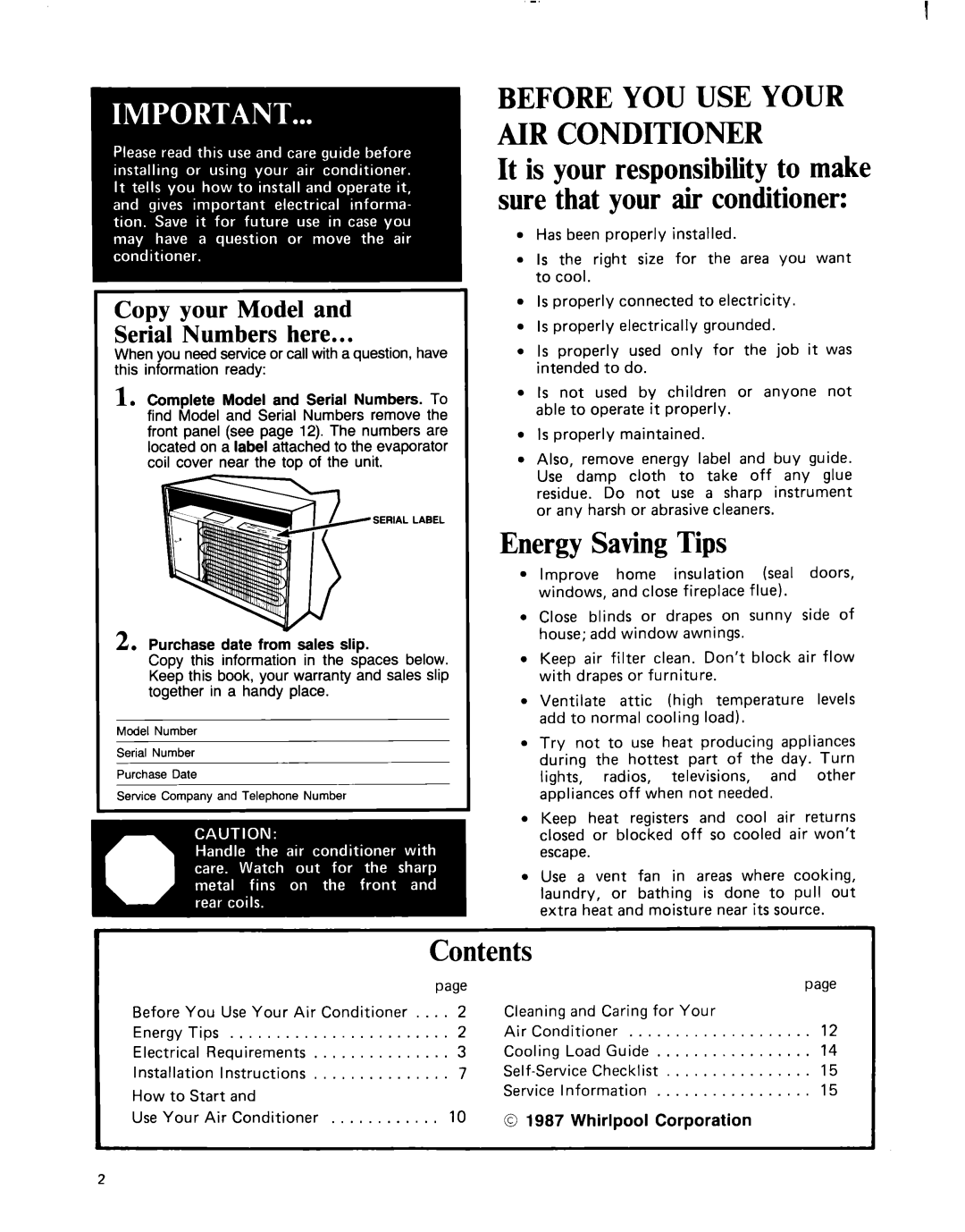 Whirlpool ACE184XM0 manual Energy SavingTips, Contents, Before You Use Your Air Conditioner, page 