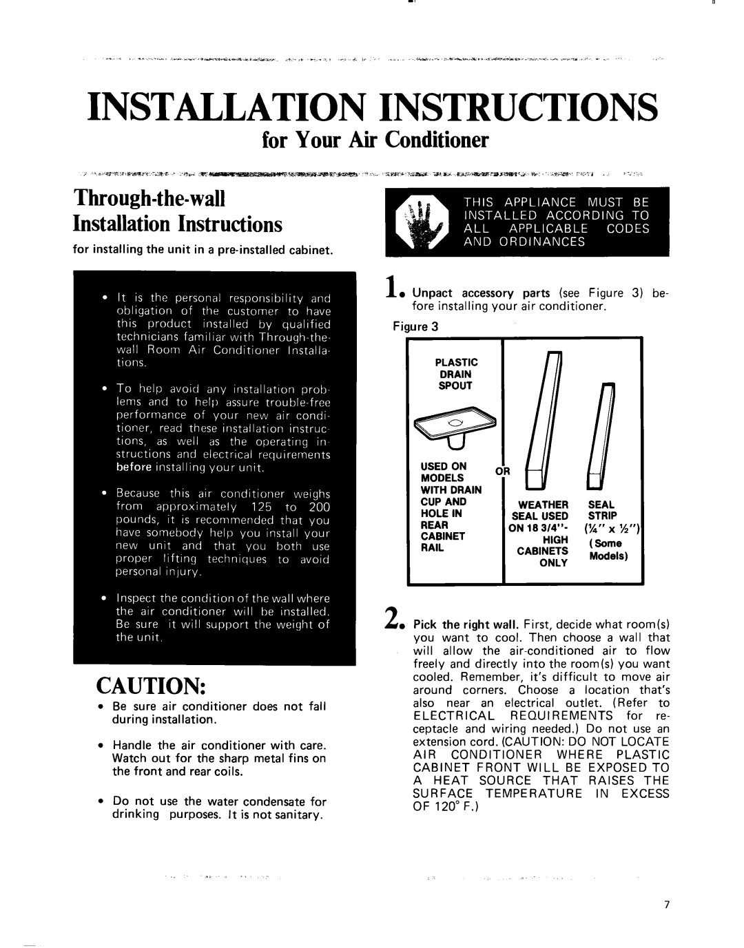 Whirlpool ACE184XM0 manual for Your Air Conditioner Through-the-wall, Installation Instructions 