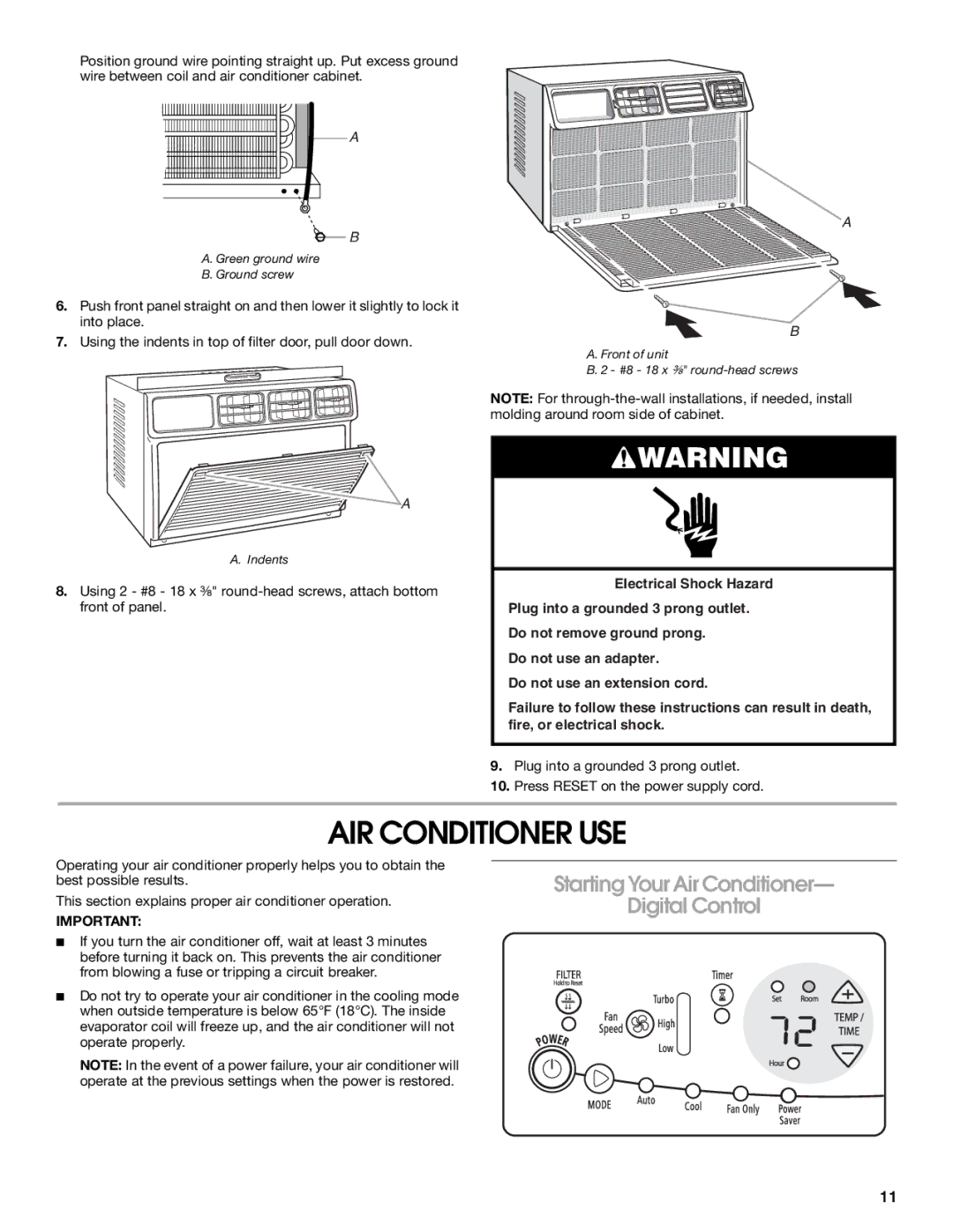 Whirlpool ACE184XR0 manual AIR Conditioner USE, Starting Your Air Conditioner Digital Control 