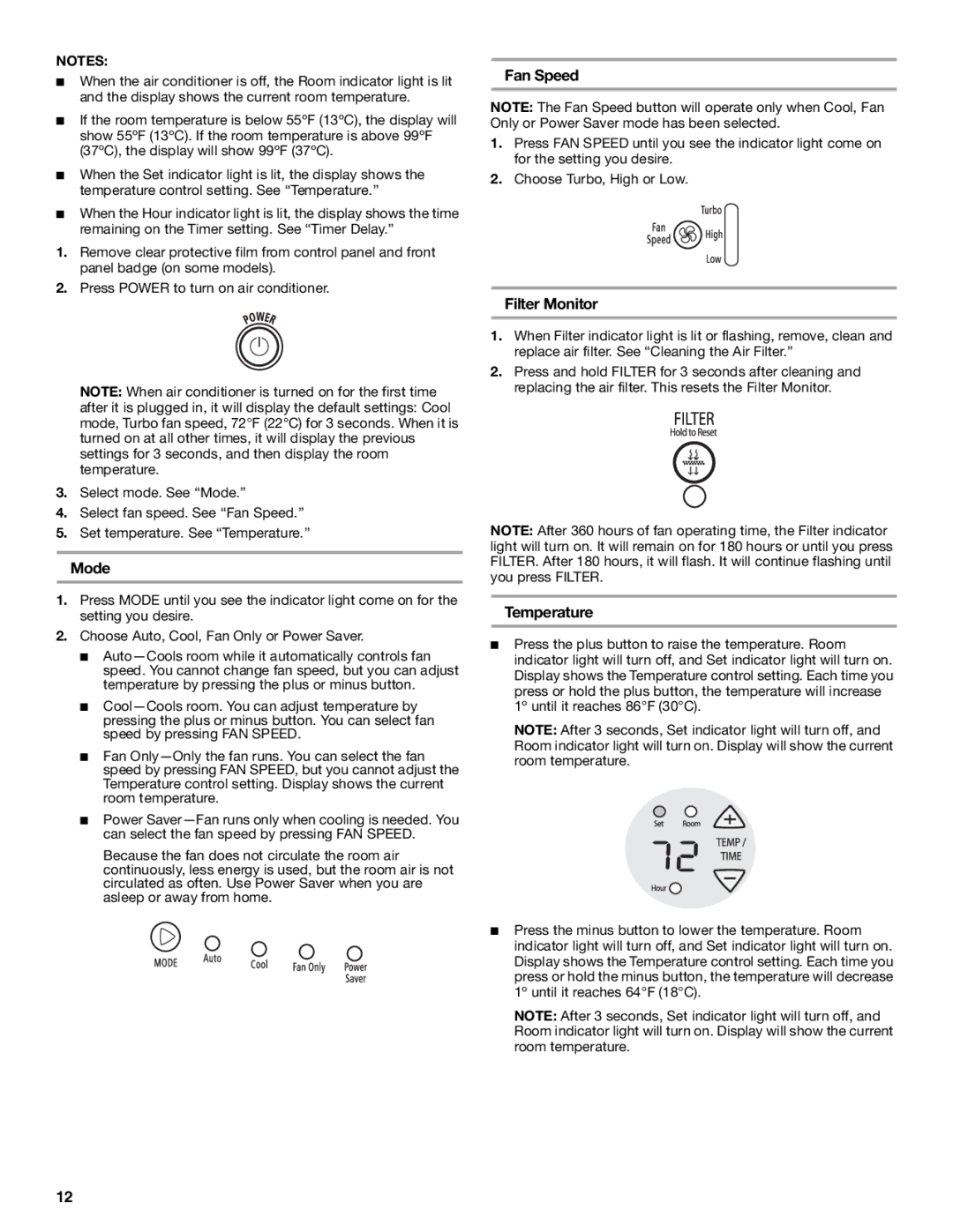 Whirlpool ACE184XR0 manual Mode, Fan Speed, Filter Monitor, Temperature 