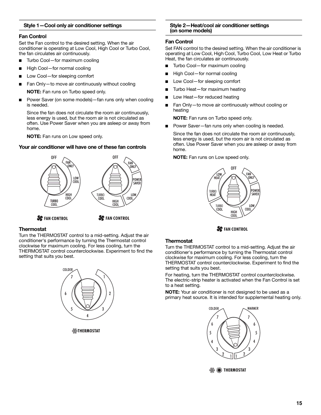 Whirlpool ACE184XR0 manual Style 1-Cool only air conditioner settings Fan Control, Thermostat 