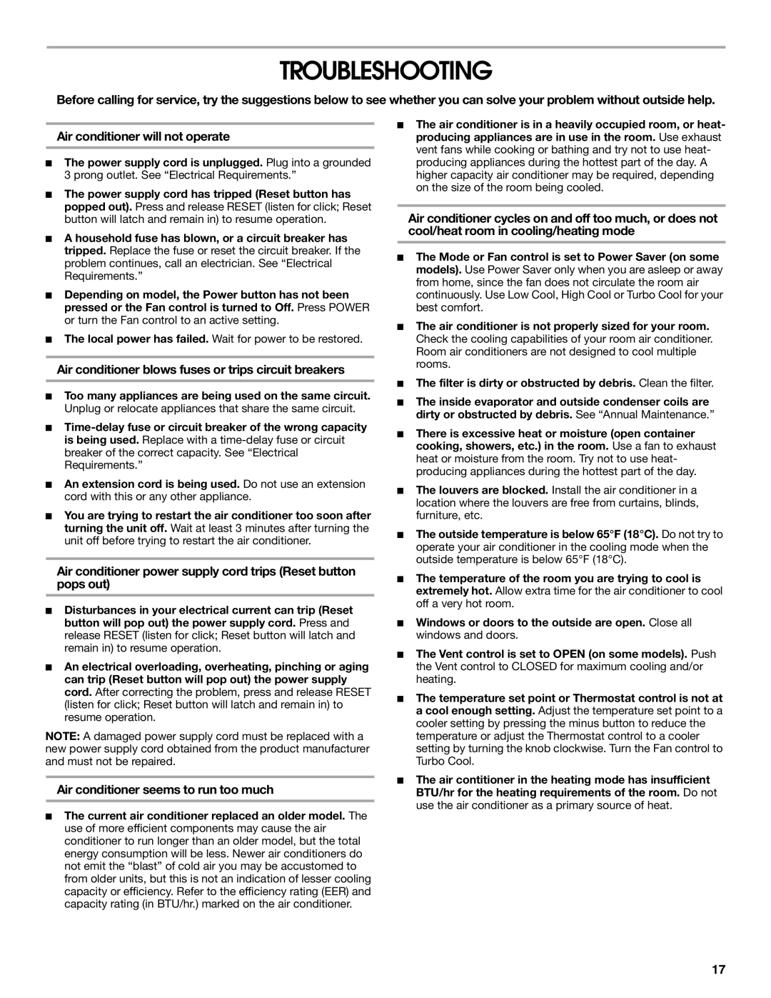 Whirlpool ACE184XR0 manual Troubleshooting, Air conditioner blows fuses or trips circuit breakers 