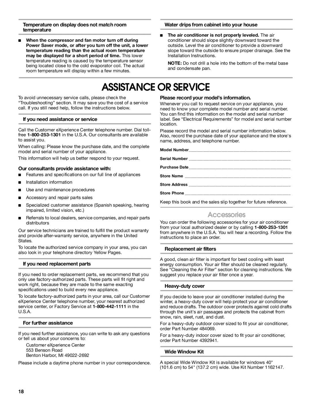 Whirlpool ACE184XR0 manual Assistance or Service, Accessories 