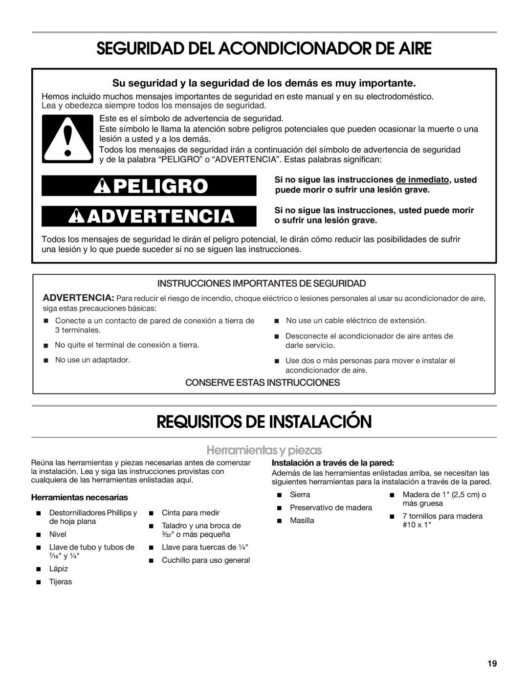 Whirlpool ACE184XR0 manual Seguridad DEL Acondicionador DE Aire, Requisitos DE Instalación, Herramientas y piezas 