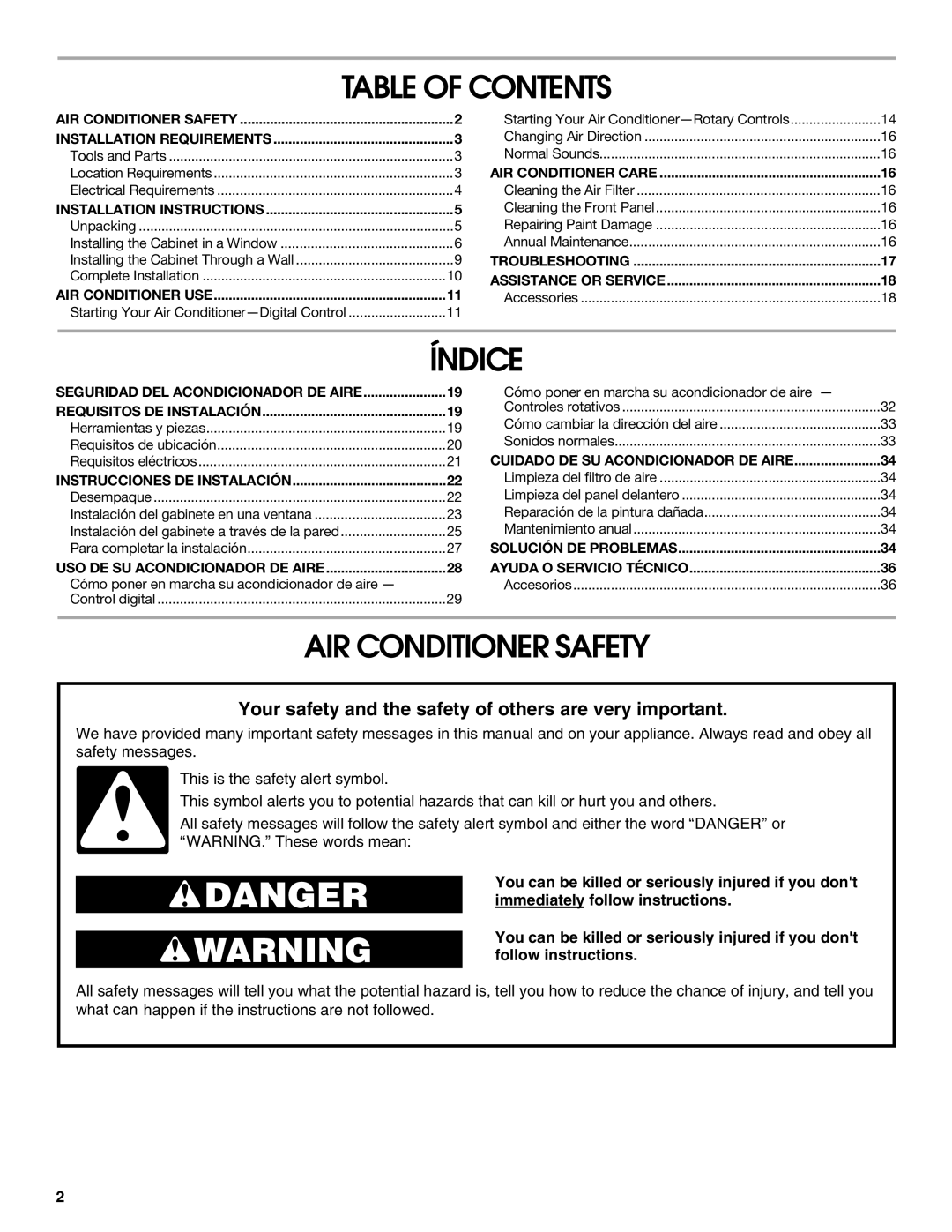 Whirlpool ACE184XR0 manual Table of Contents, Índice, AIR Conditioner Safety 