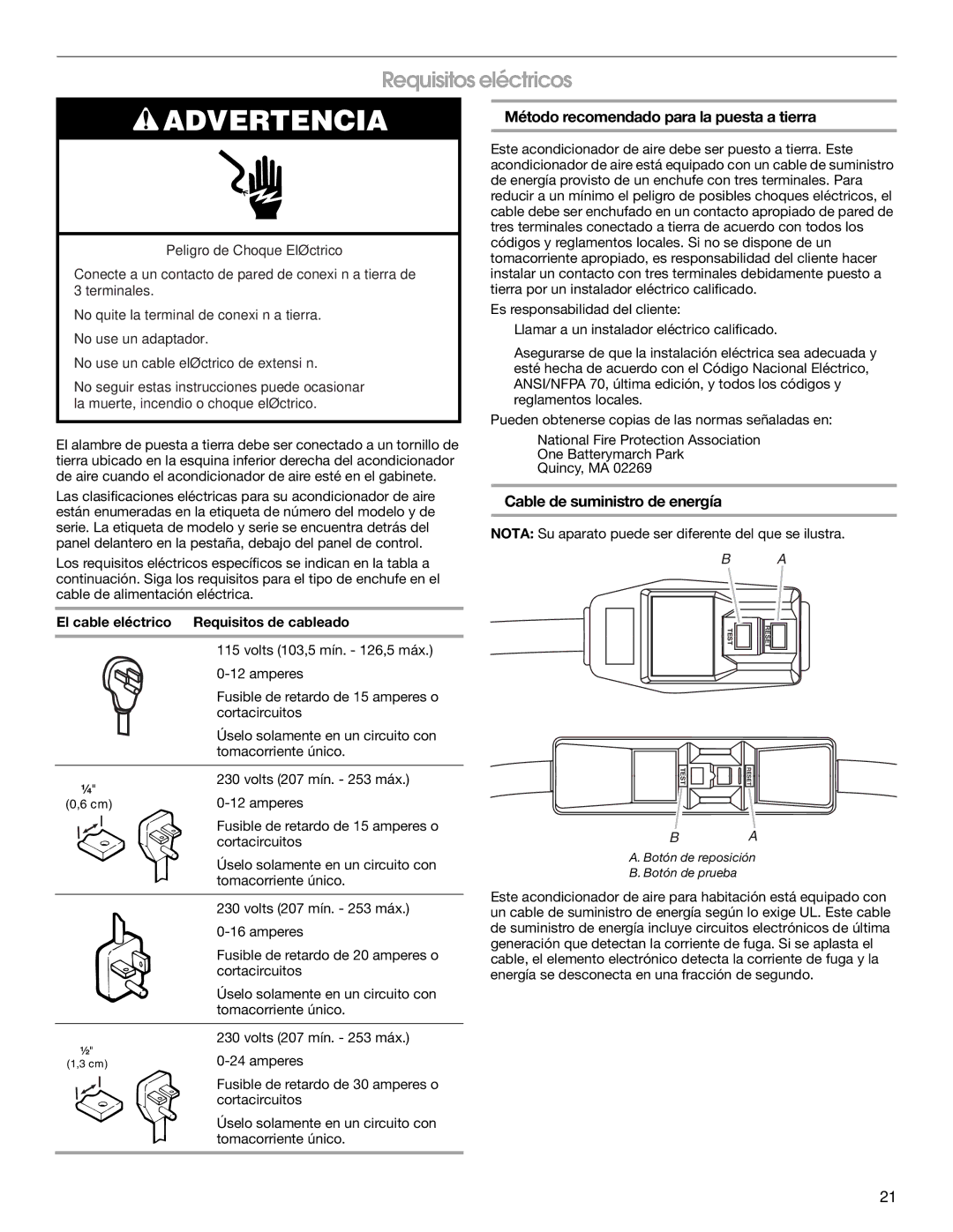 Whirlpool ACE184XR0 Requisitos eléctricos, Método recomendado para la puesta a tierra, Cable de suministro de energía 