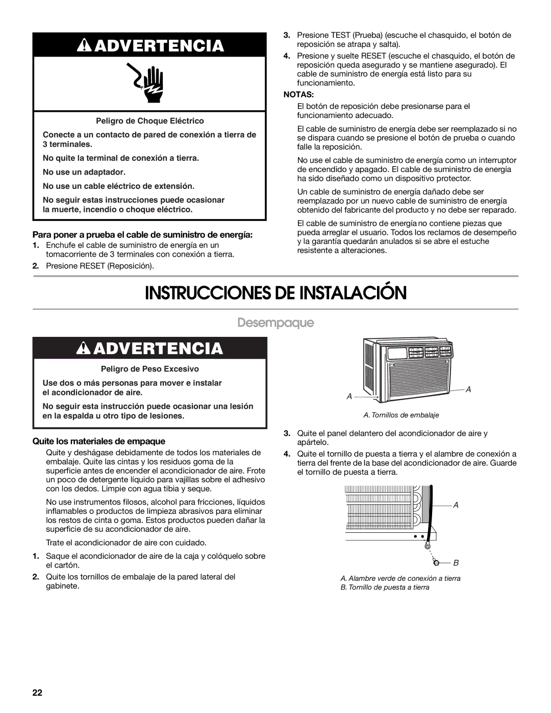 Whirlpool ACE184XR0 manual Instrucciones DE Instalación, Desempaque, Para poner a prueba el cable de suministro de energía 