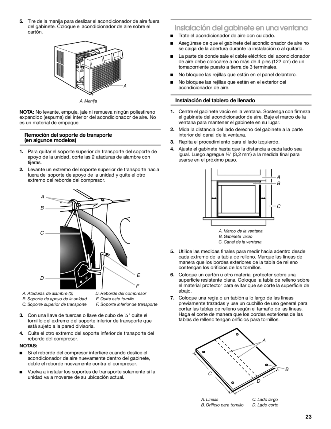 Whirlpool ACE184XR0 manual Instalación del gabinete en una ventana, Remoción del soporte de transporte en algunos modelos 