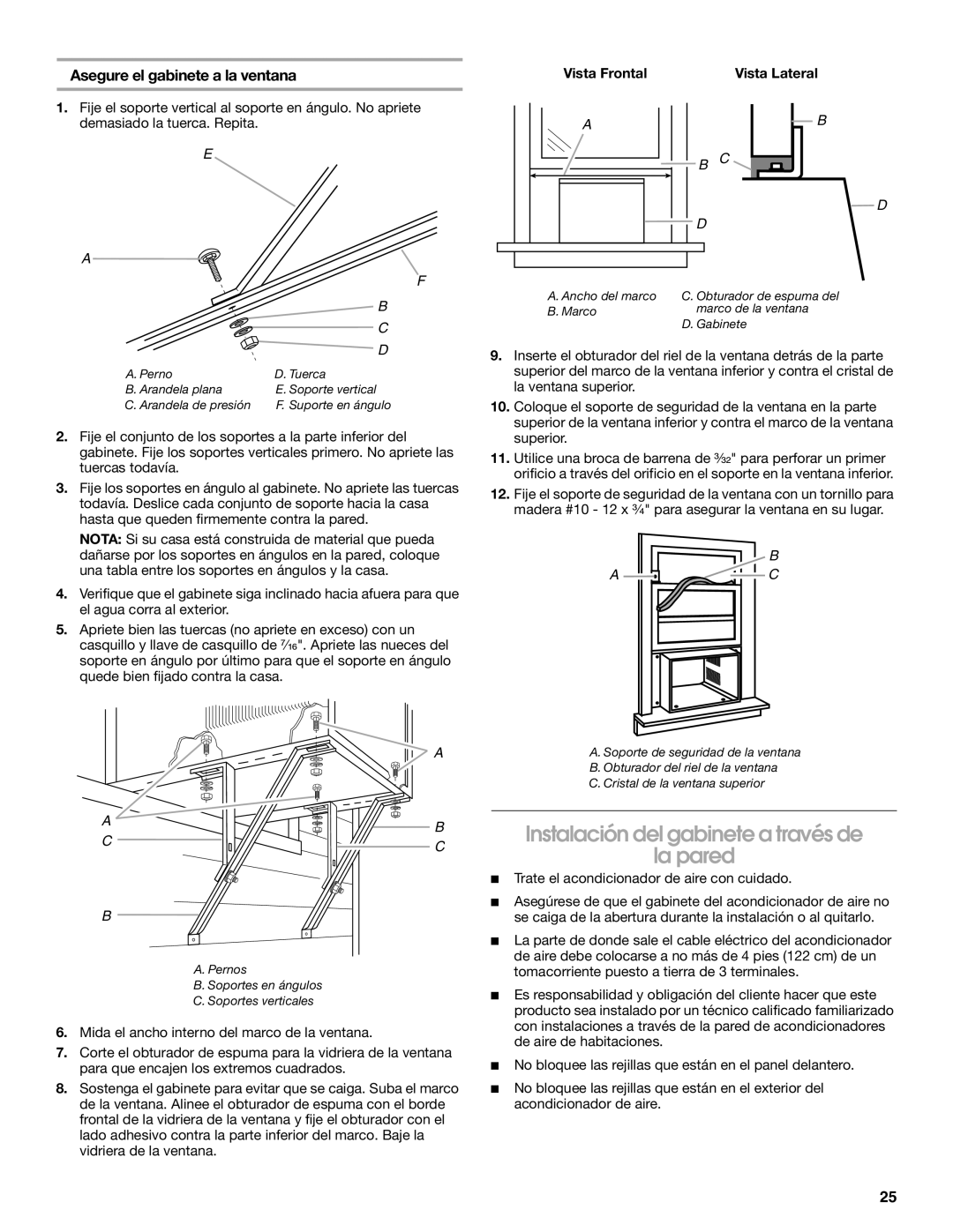 Whirlpool ACE184XR0 manual Instalación del gabinete a través de La pared, Asegure el gabinete a la ventana 