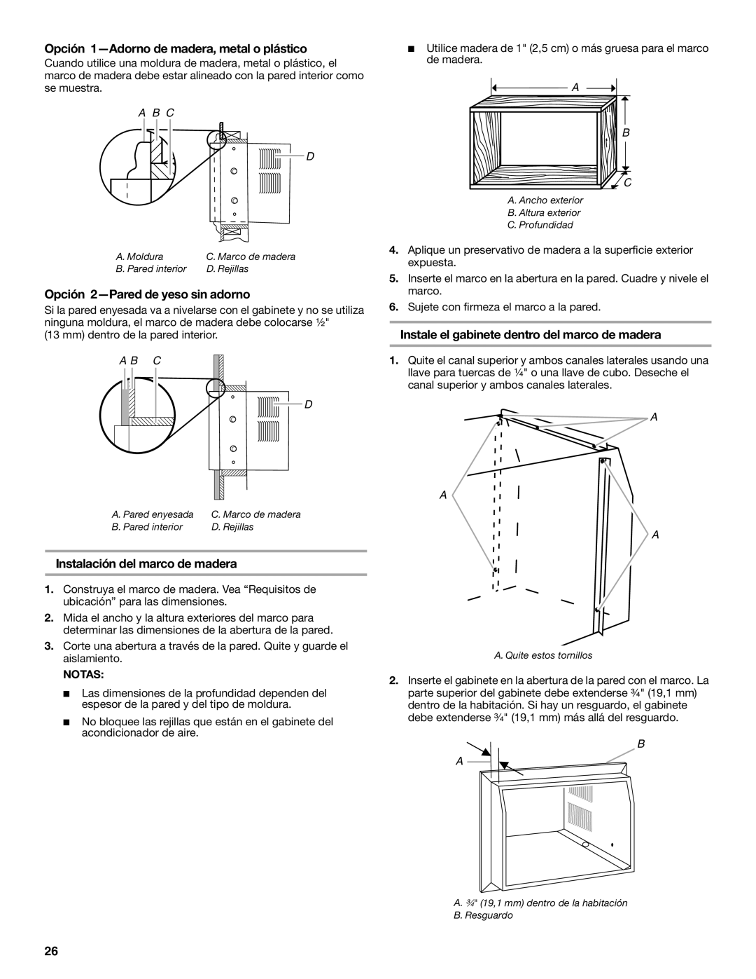 Whirlpool ACE184XR0 manual Opción 1-Adorno de madera, metal o plástico, Opción 2-Pared de yeso sin adorno 