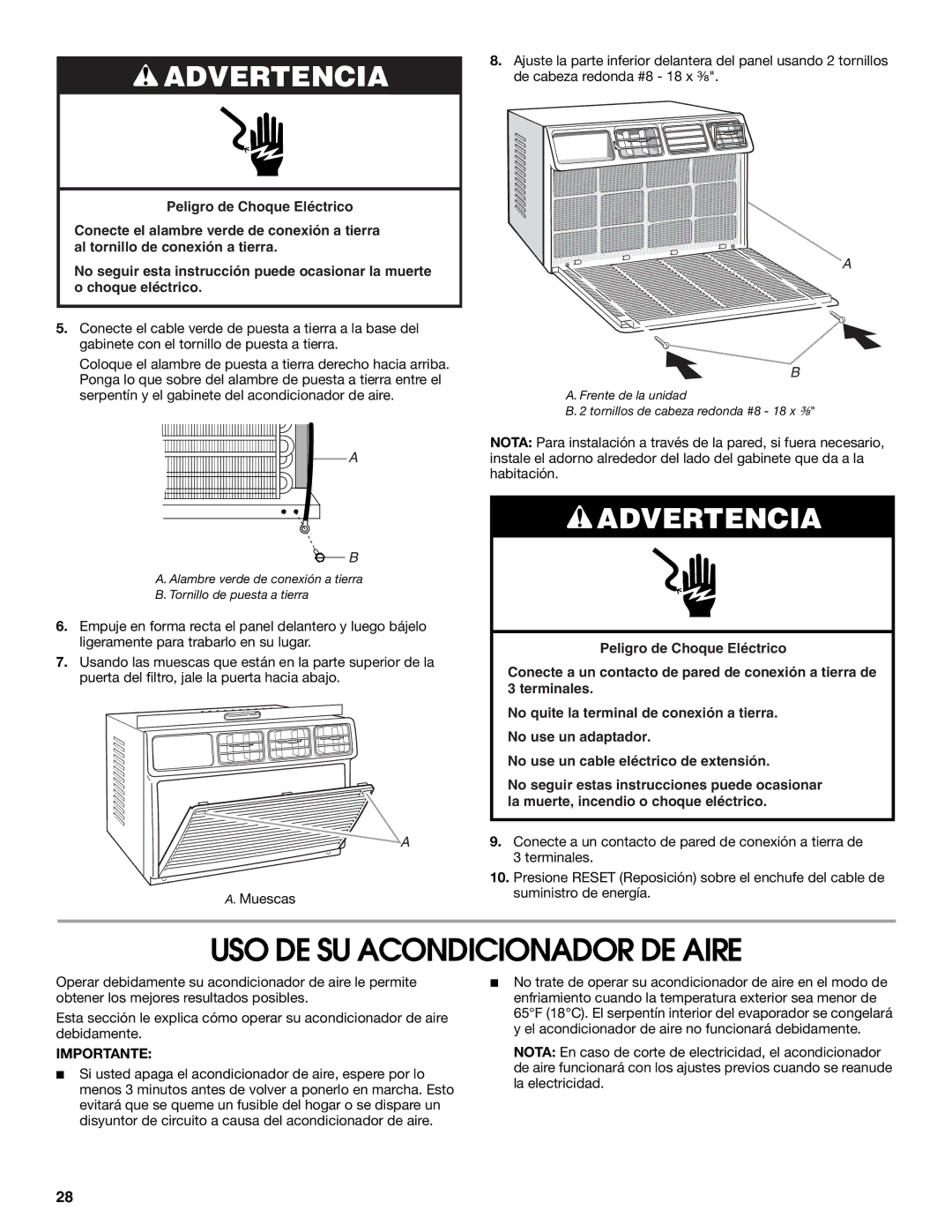 Whirlpool ACE184XR0 manual USO DE SU Acondicionador DE Aire, Importante 