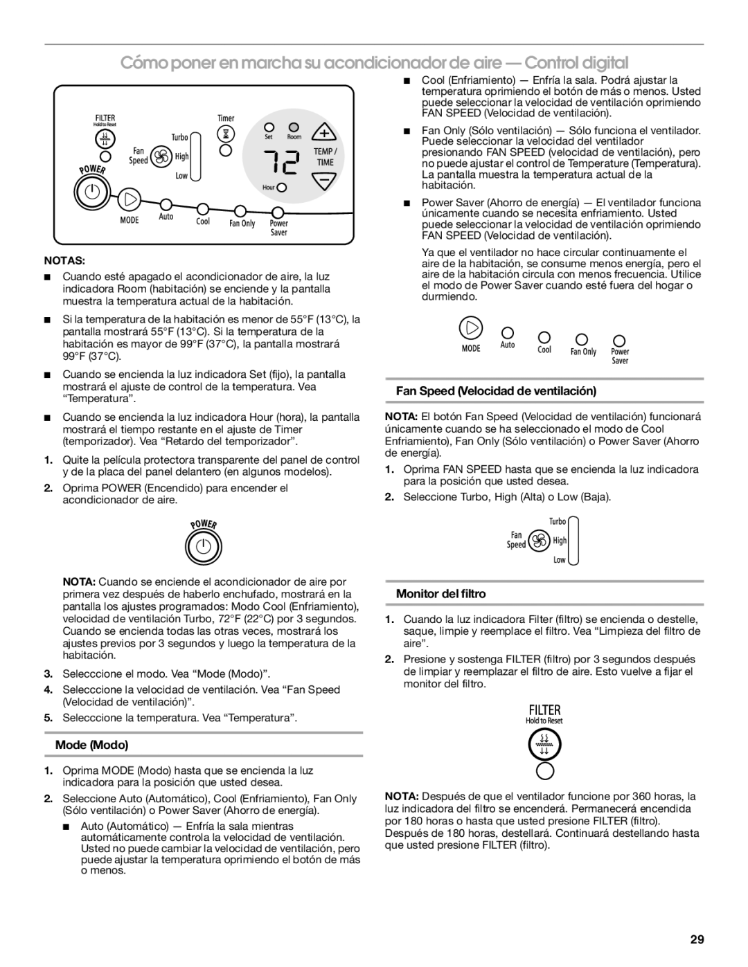 Whirlpool ACE184XR0 manual Fan Speed Velocidad de ventilación, Monitor del filtro, Mode Modo 