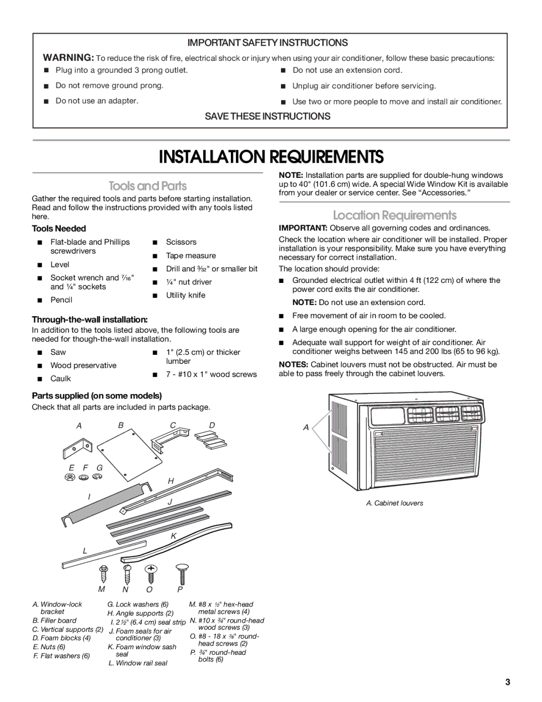 Whirlpool ACE184XR0 manual Installation Requirements, Tools and Parts, Location Requirements 