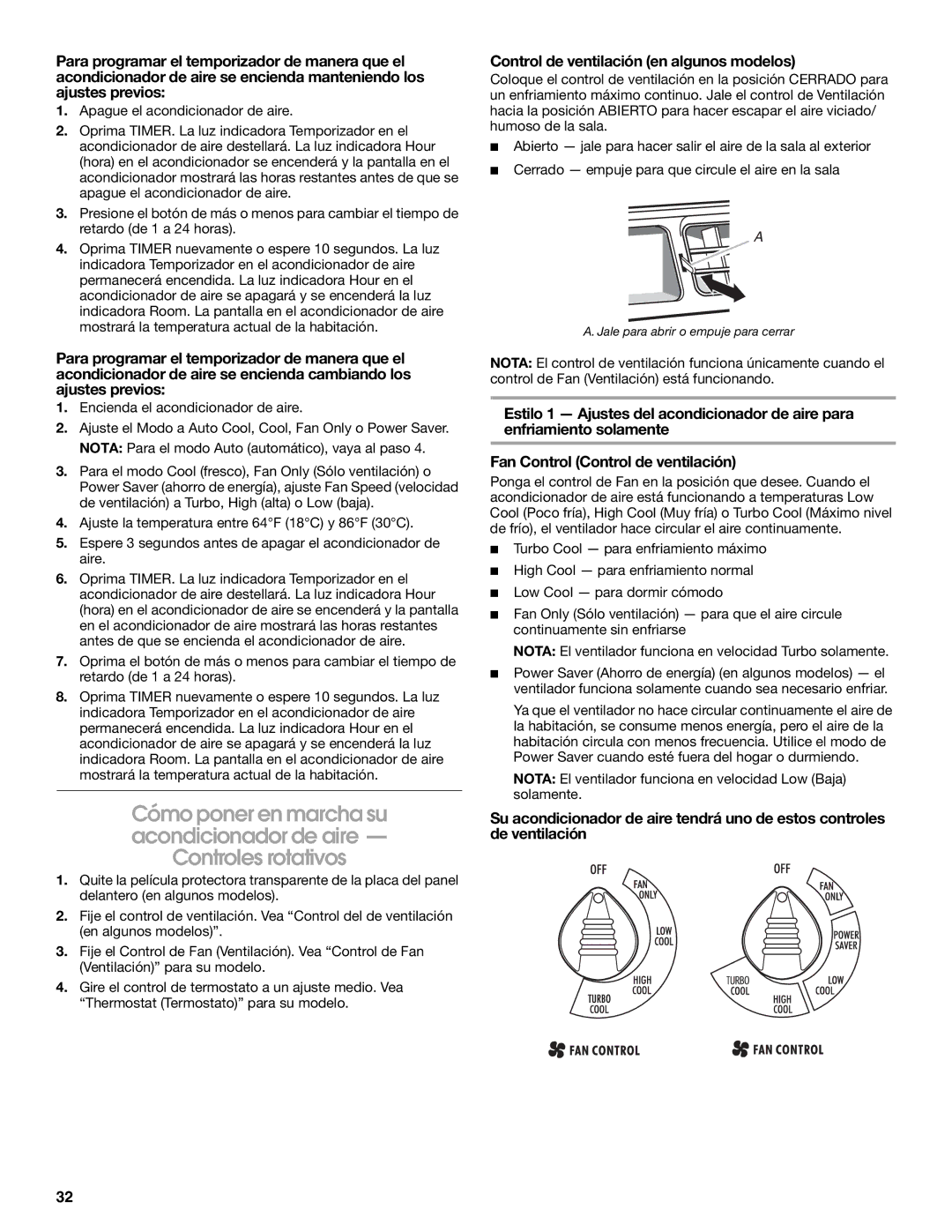 Whirlpool ACE184XR0 manual Control de ventilación en algunos modelos 