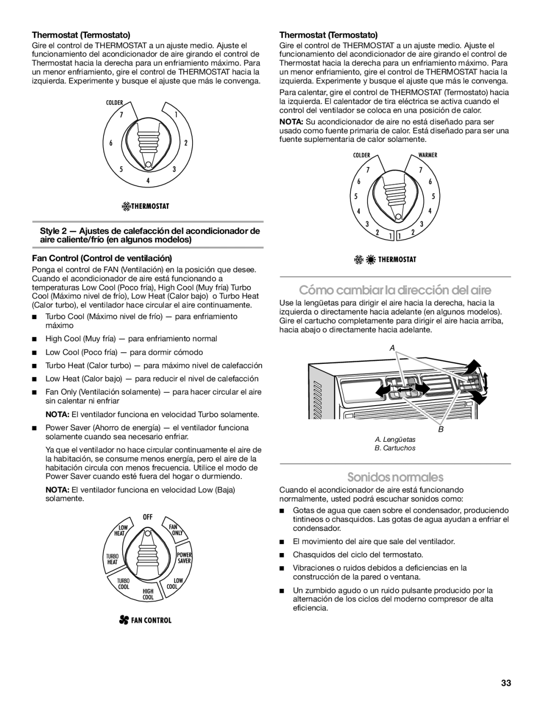 Whirlpool ACE184XR0 manual Cómo cambiar la dirección del aire, Sonidos normales, Thermostat Termostato 