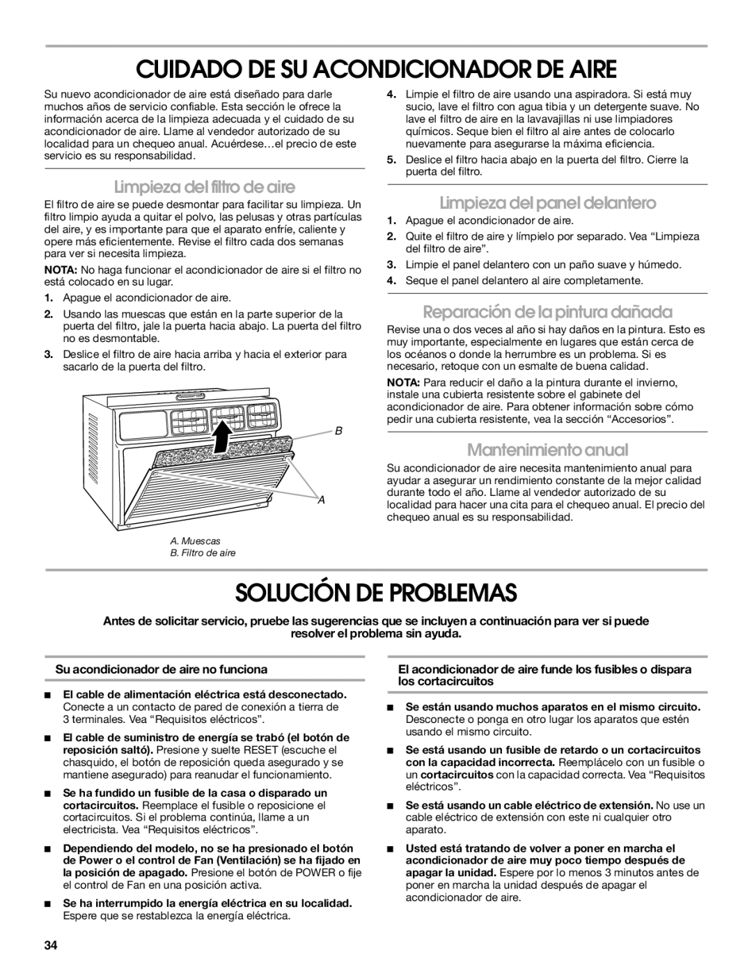 Whirlpool ACE184XR0 manual Cuidado DE SU Acondicionador DE Aire, Solución DE Problemas 