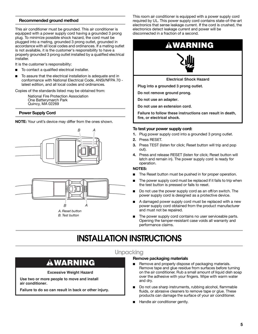 Whirlpool ACE184XR0 manual Installation Instructions, Unpacking 