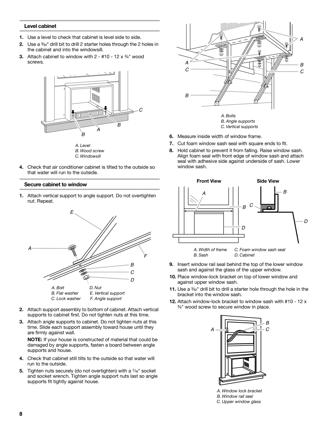 Whirlpool ACE184XR0 manual Level cabinet, Secure cabinet to window 