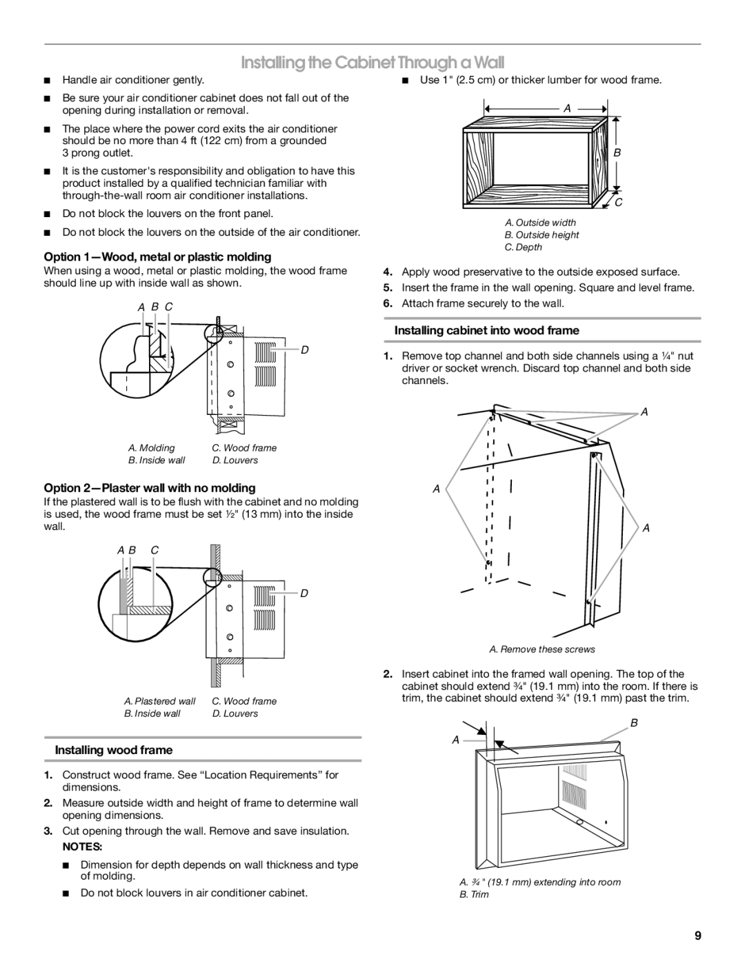 Whirlpool ACE184XR0 Installing the Cabinet Through a Wall, Option 1-Wood, metal or plastic molding, Installing wood frame 