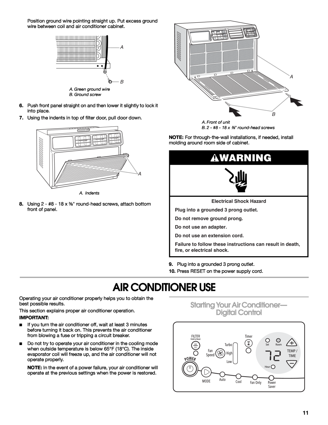 Whirlpool ACE184XR0 manual Air Conditioner Use, Starting Your Air Conditioner- Digital Control, Electrical Shock Hazard 