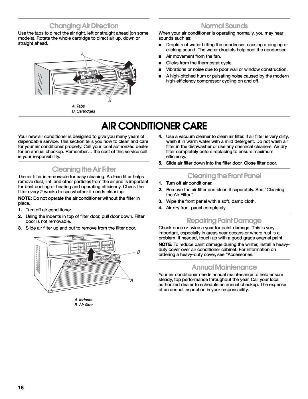 Whirlpool ACE184XR0 manual Air Conditioner Care, Changing Air Direction, Normal Sounds, Cleaning the Air Filter 