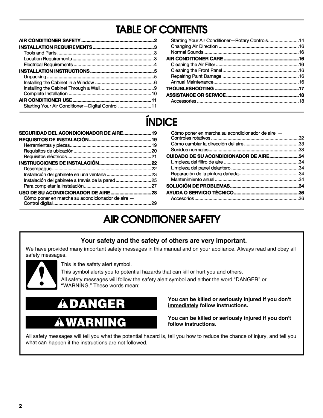Whirlpool ACE184XR0 manual Table Of Contents, Índice, Air Conditioner Safety 