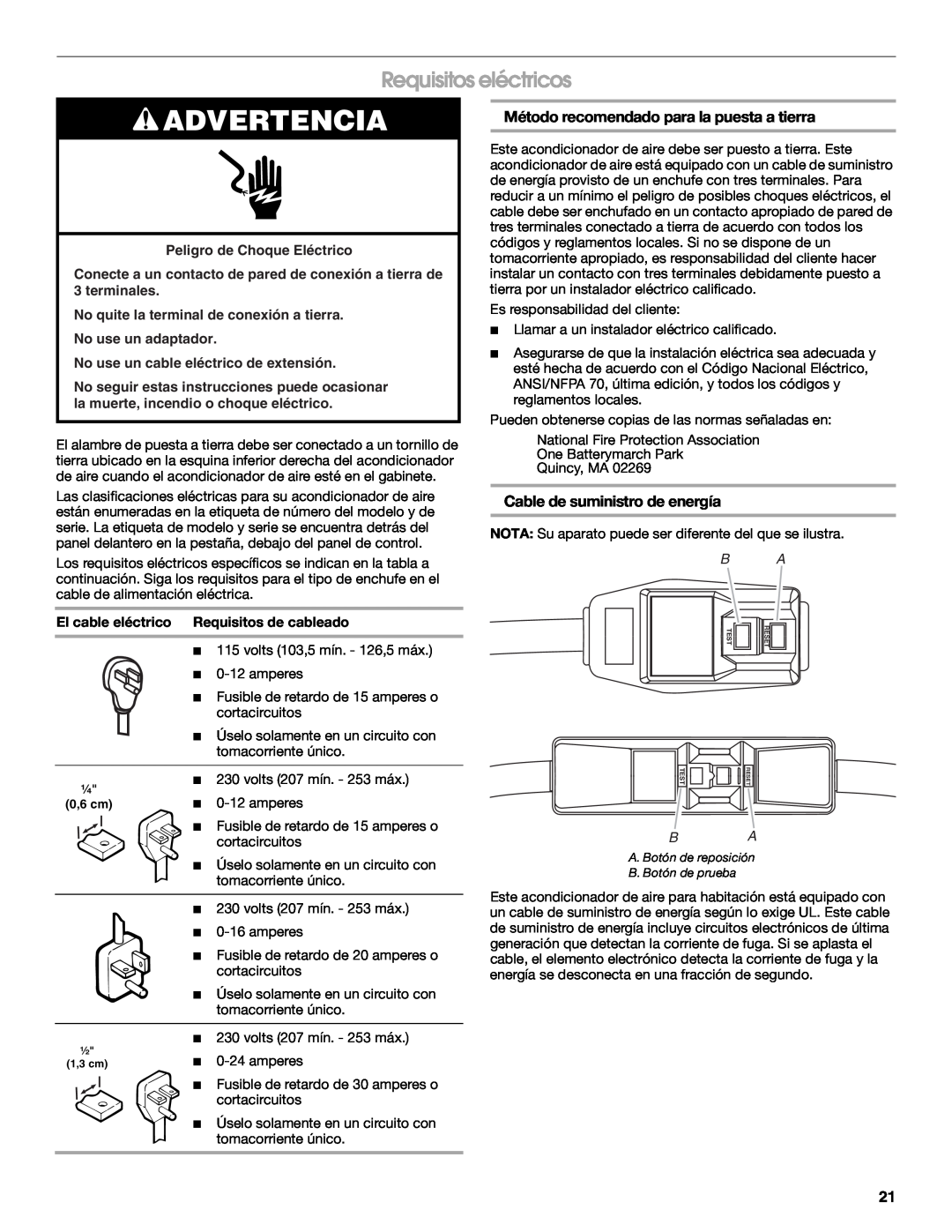 Whirlpool ACE184XR0 Advertencia, Requisitos eléctricos, Método recomendado para la puesta a tierra, No use un adaptador 