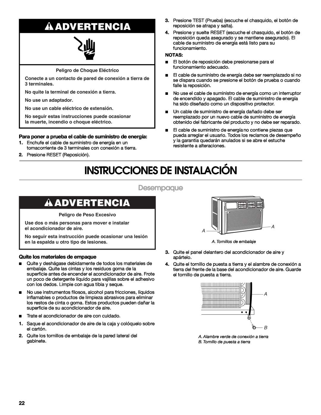 Whirlpool ACE184XR0 manual Instrucciones De Instalación, Desempaque, Quite los materiales de empaque, Advertencia 
