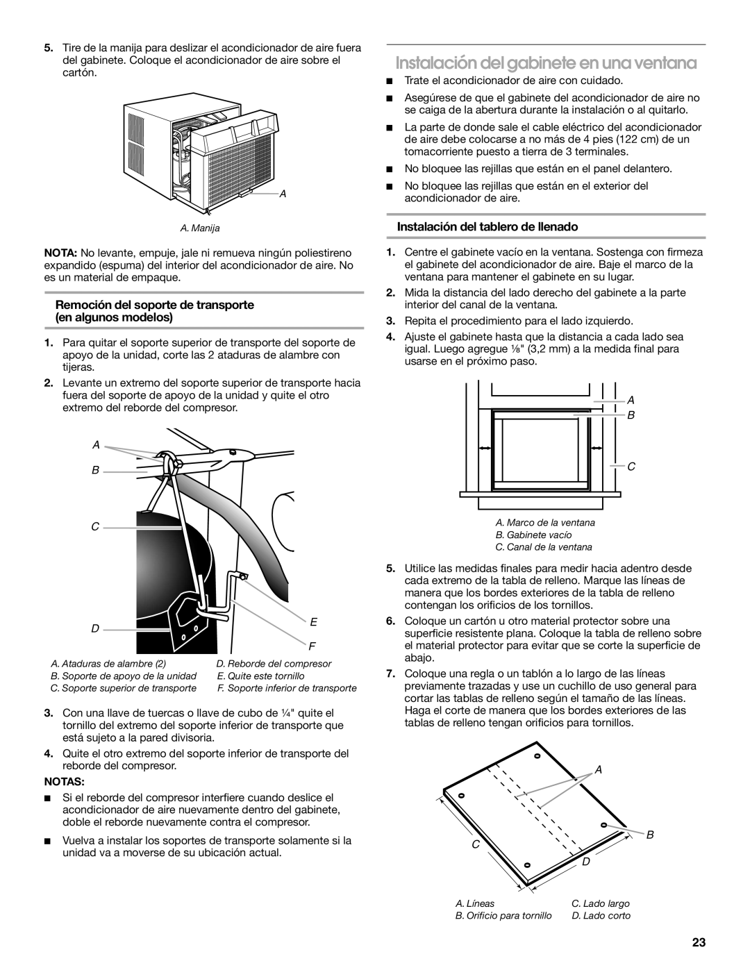 Whirlpool ACE184XR0 manual Instalación del gabinete en una ventana, Instalación del tablero de llenado, A B C D 