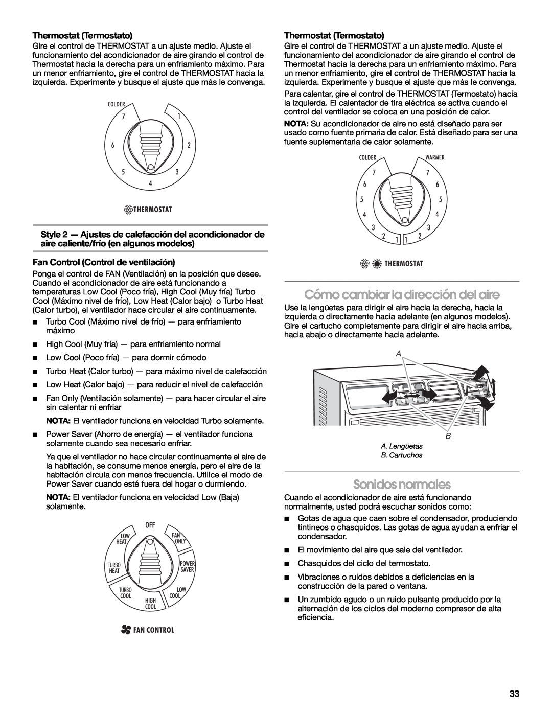Whirlpool ACE184XR0 manual Cómo cambiar la dirección del aire, Sonidos normales, Thermostat Termostato 