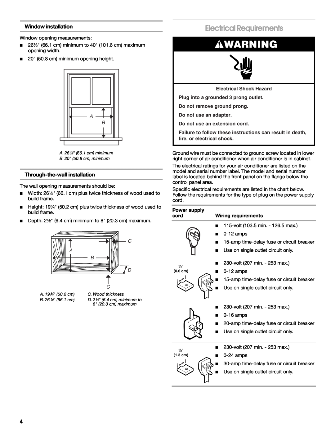 Whirlpool ACE184XR0 manual Electrical Requirements, Window installation, Through-the-wallinstallation, C A B D 