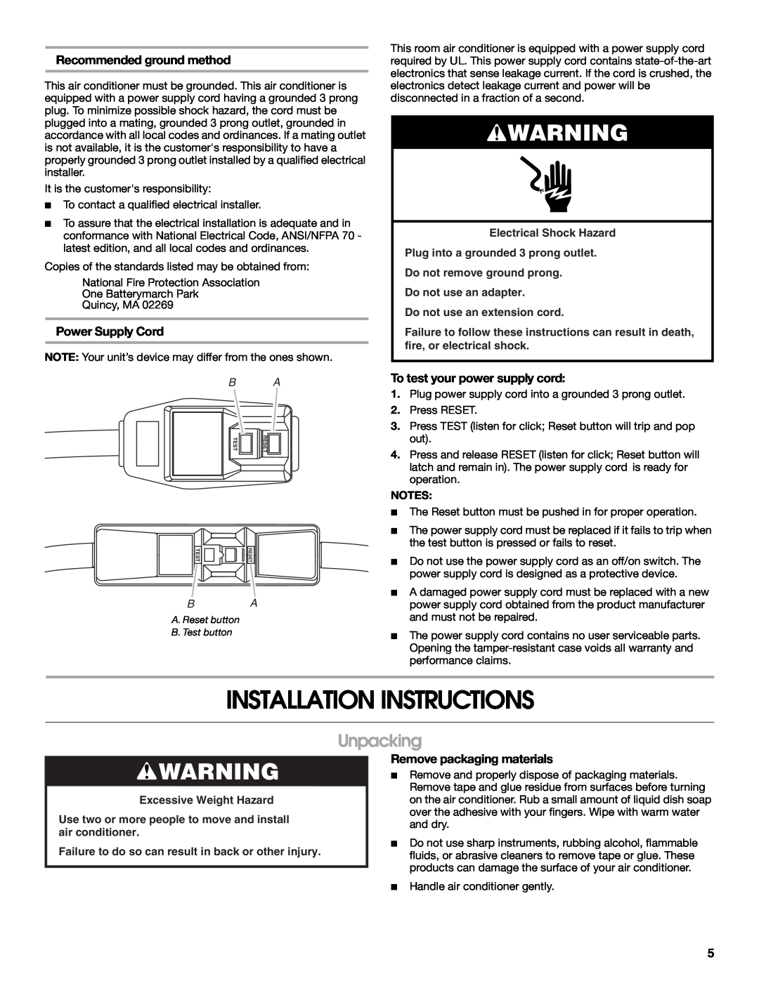 Whirlpool ACE184XR0 manual Installation Instructions, Unpacking, Recommended ground method, Power Supply Cord 