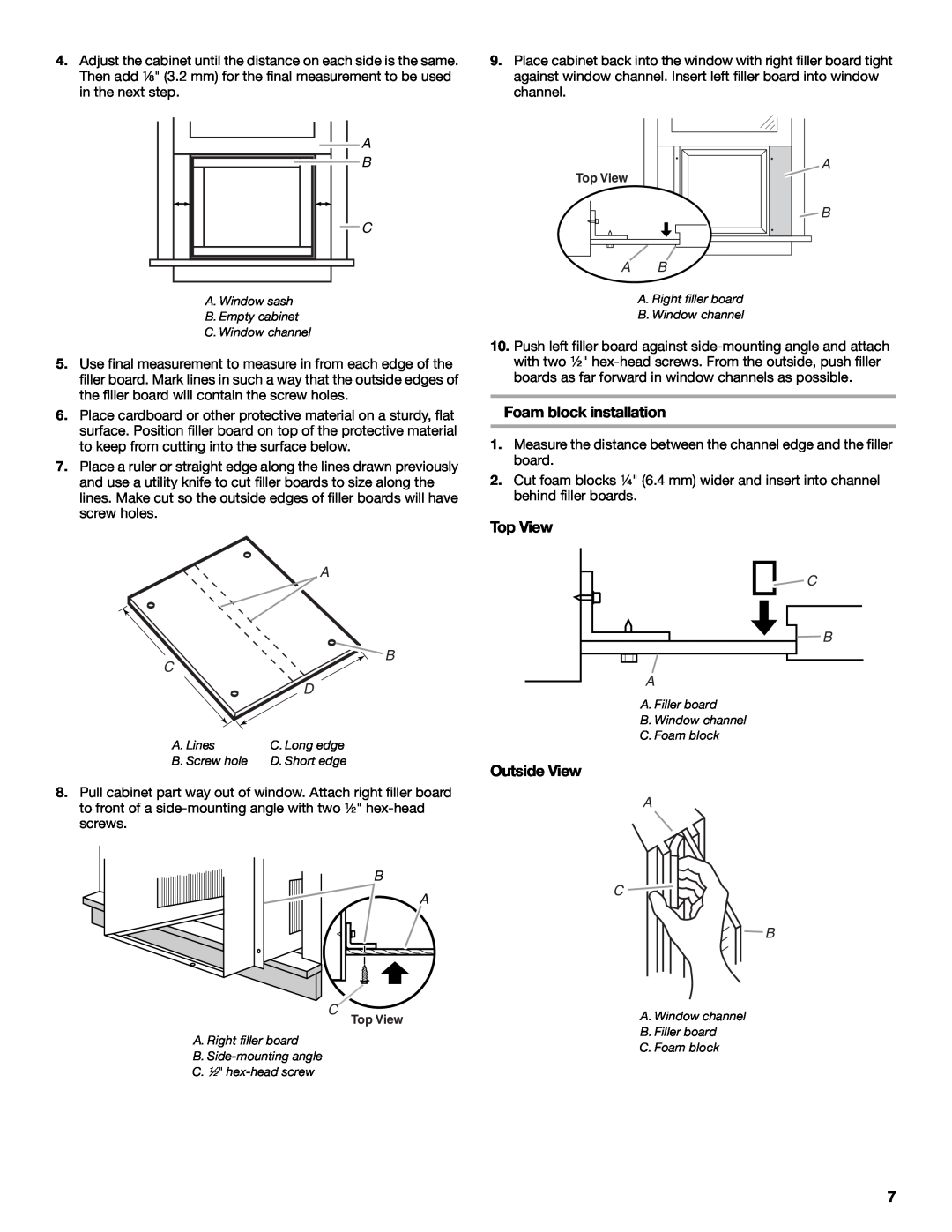 Whirlpool ACE184XR0 manual Foam block installation, Top View, Outside View, A B C, B A C, B Ab, C B A, A C B 