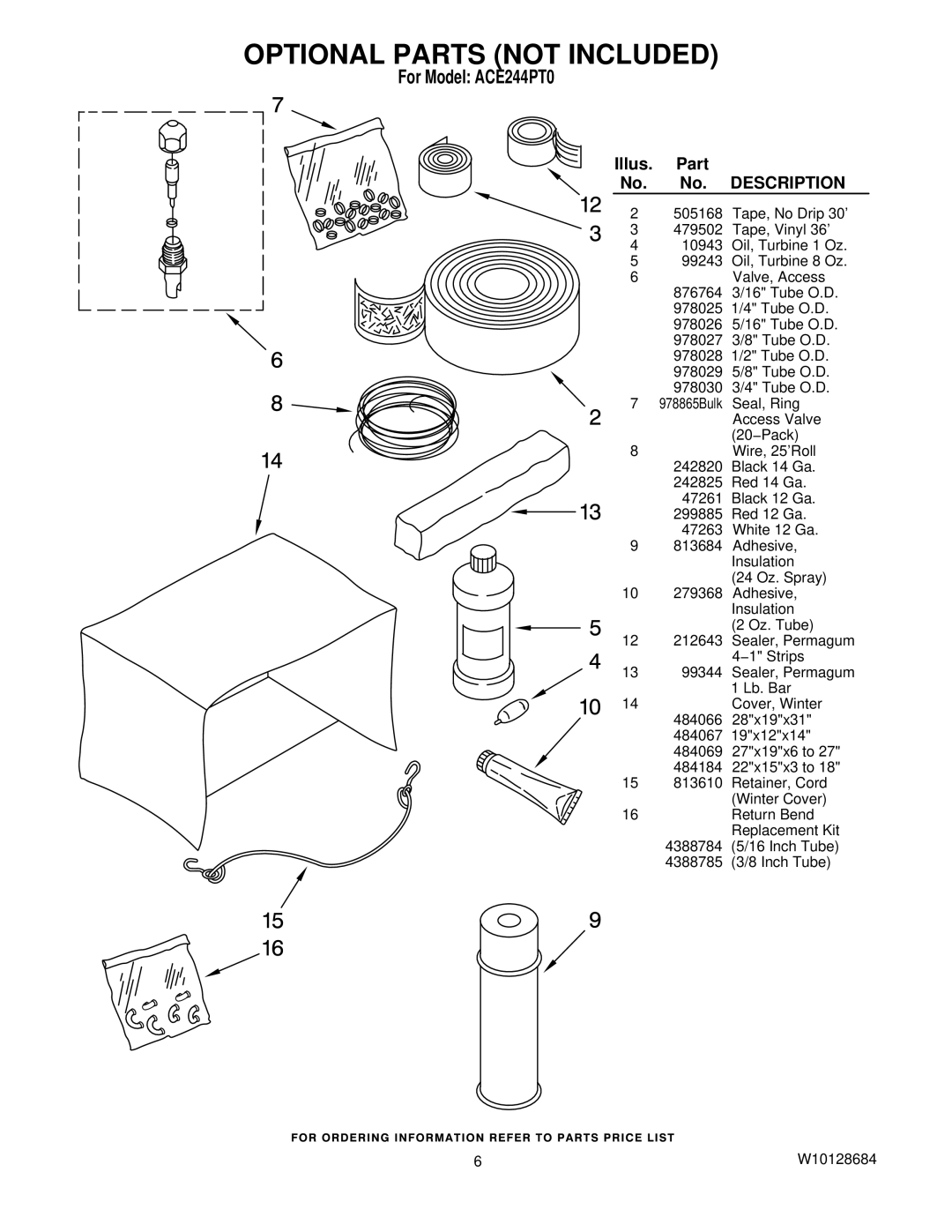 Whirlpool ACE244PT0 manual Optional Parts not Included, Illus Part 