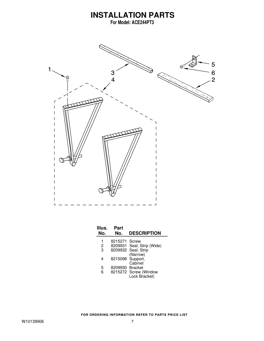 Whirlpool ACE244PT3 manual Installation Parts 