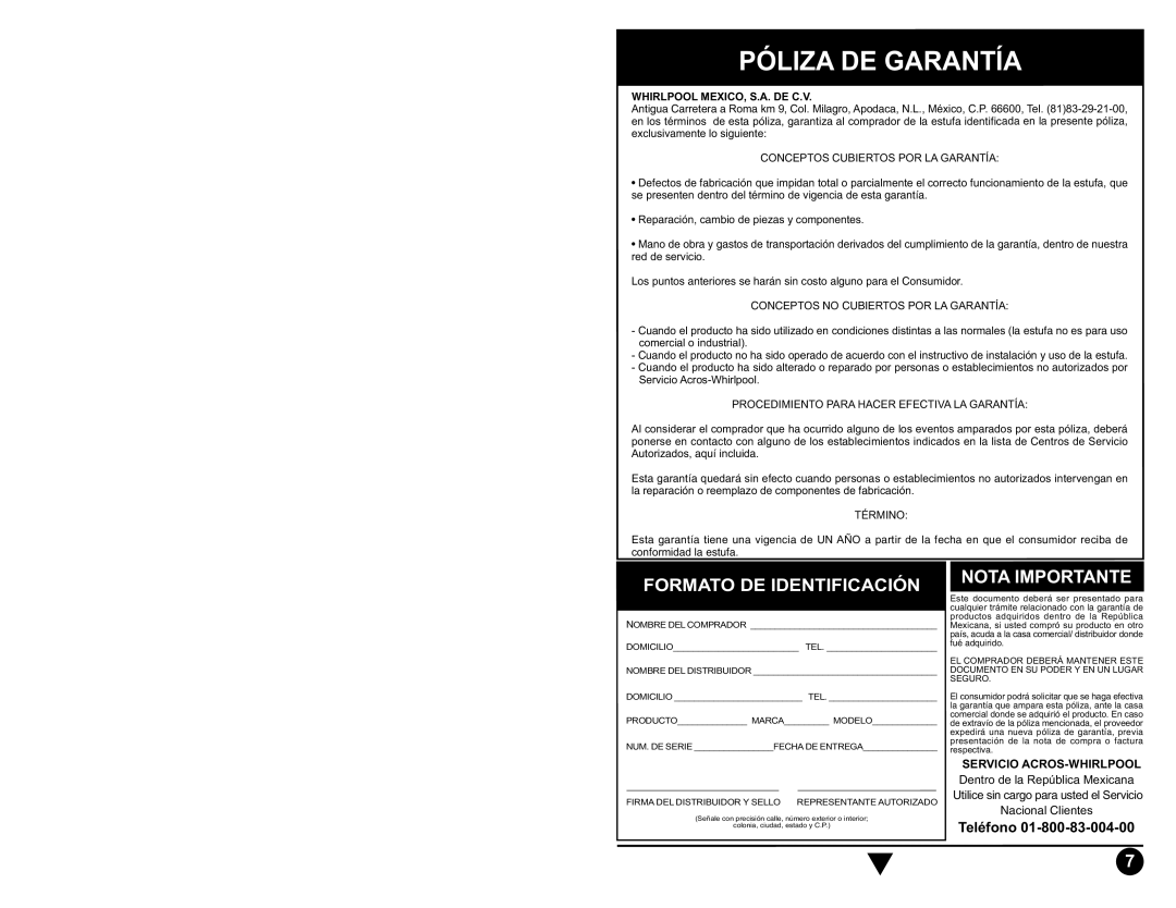 Whirlpool AEE2000, ACE3411, ACE3211, ACE3200, ACE2400, ACE2200 manual Póliza DE Garantía 