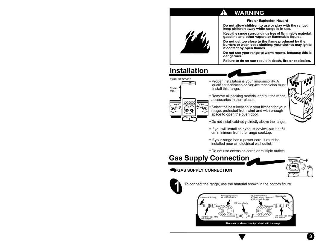 Whirlpool AEE2000, ACE3411, ACE3211, ACE3200, ACE2400, ACE2200 manual Installation, Gas Supply Connection, GAS Supply Connection 