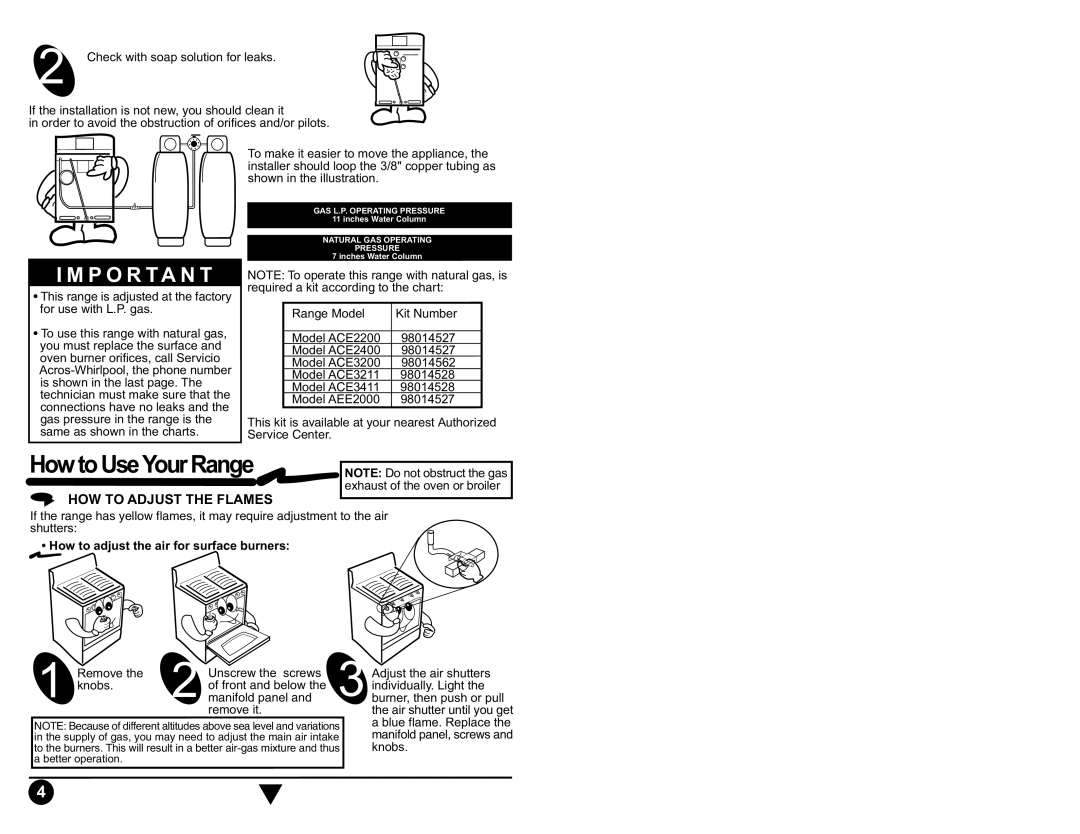 Whirlpool ACE2400 HowtoUseYourRange, HOW to Adjust the Flames, This range is adjusted at the factory for use with L.P. gas 