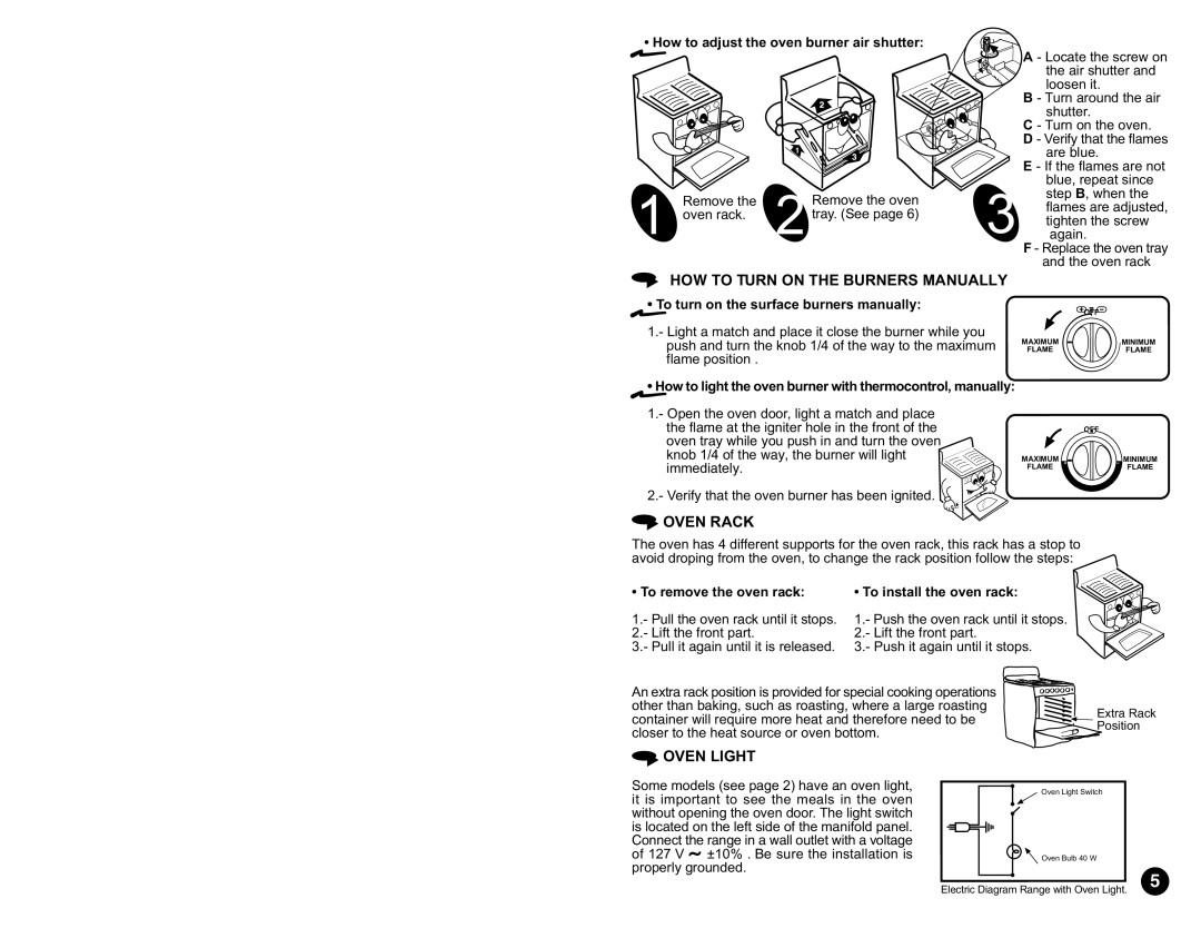 Whirlpool ACE2200, ACE3411, ACE3211, ACE3200, AEE2000, ACE2400 manual HOW to Turn on the Burners Manually, Oven Light 