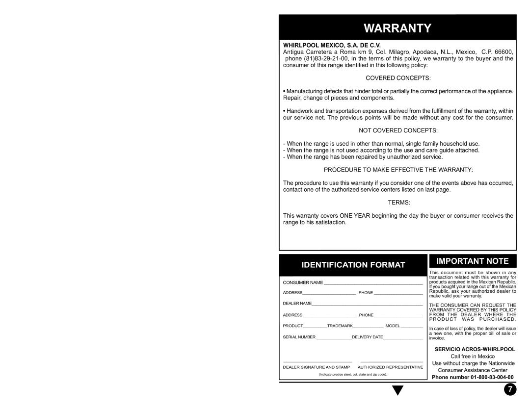 Whirlpool ACE3211, ACE3411, ACE3200, AEE2000, ACE2400, ACE2200 manual Warranty 