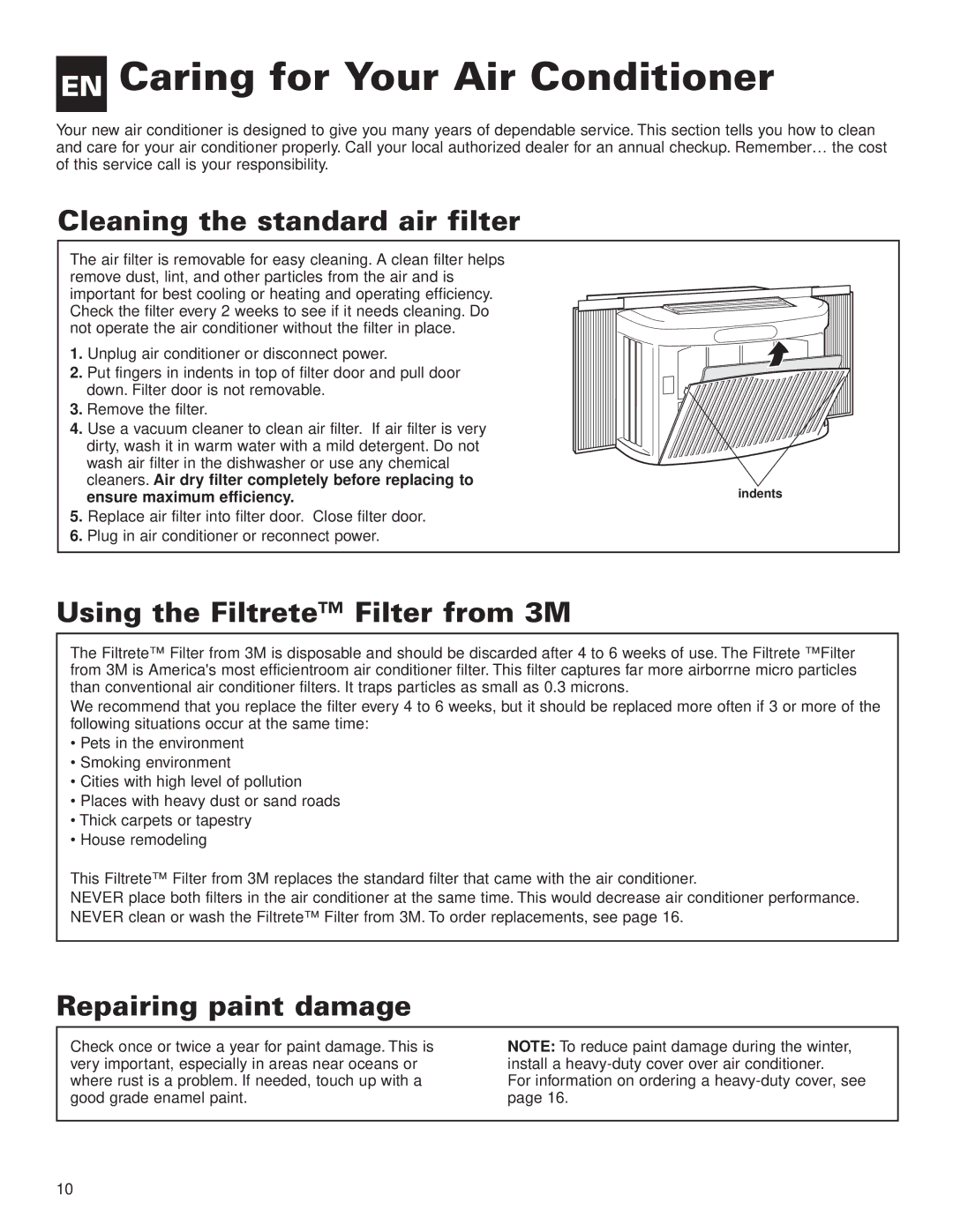 Whirlpool ACG052XJ0 manual EN Caring for Your Air Conditioner, Cleaning the standard air filter, Repairing paint damage 