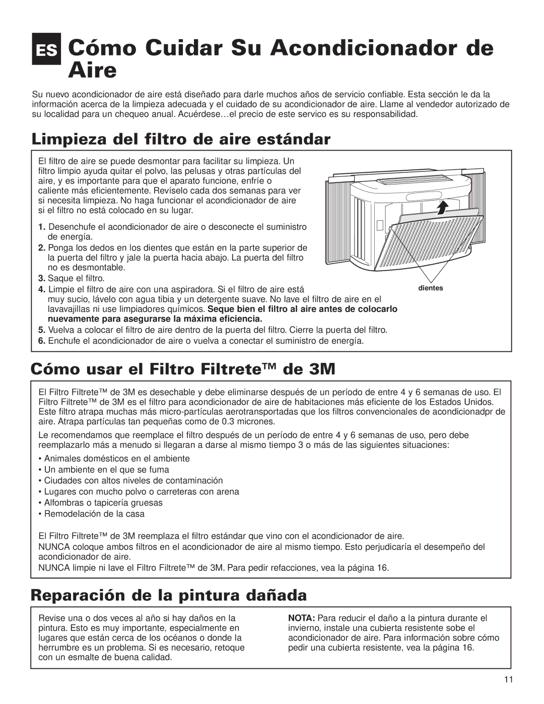 Whirlpool ACG052XJ0 manual ES Cómo Cuidar Su Acondicionador de Aire, Limpieza del filtro de aire estándar 