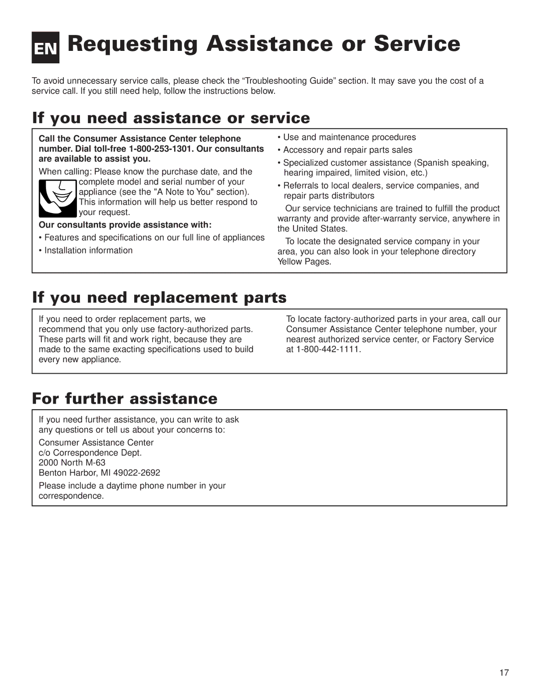 Whirlpool ACG052XJ0 EN Requesting Assistance or Service, If you need assistance or service, If you need replacement parts 