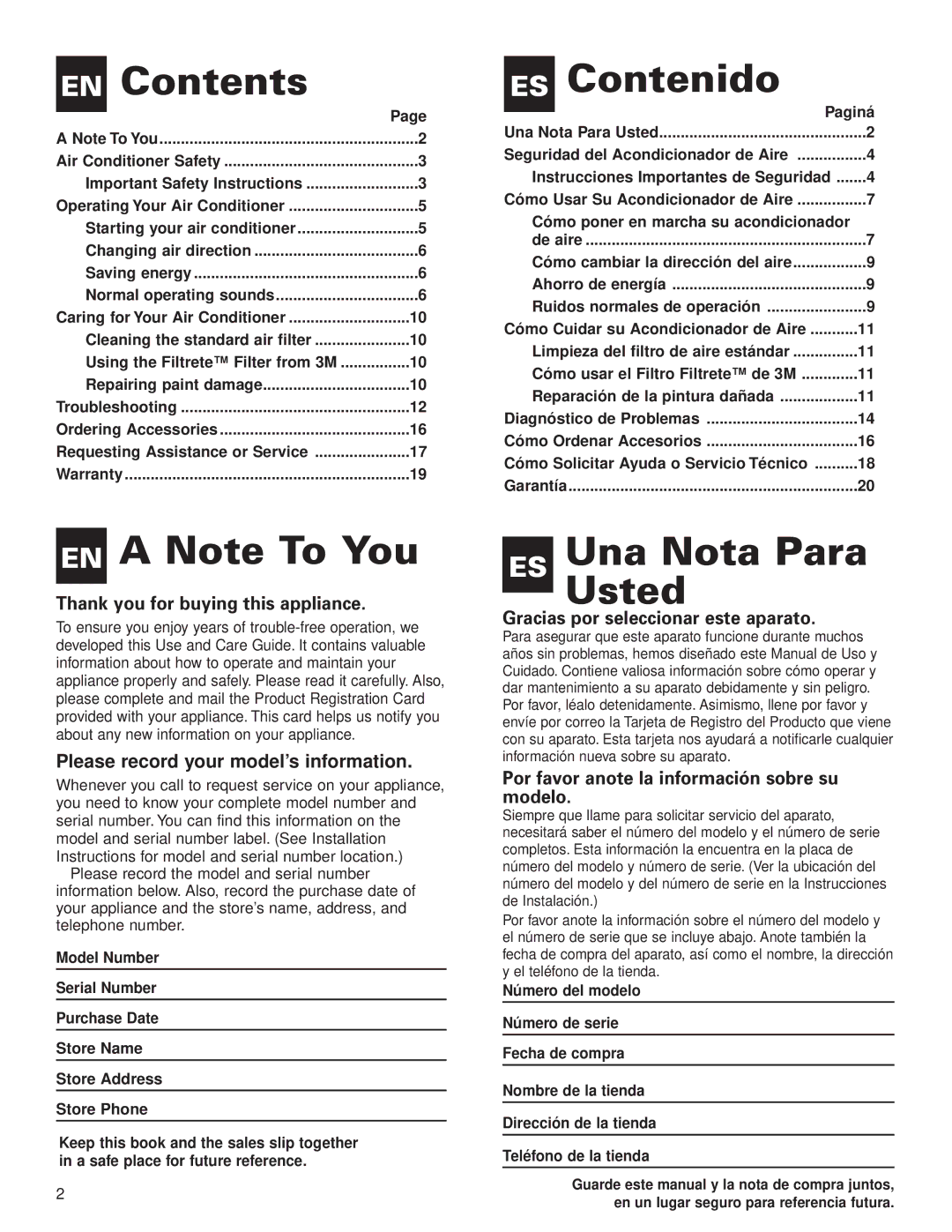 Whirlpool ACG052XJ0 manual EN Contents, ES Contenido, EN a Note To You, ES Una Nota Para Usted 