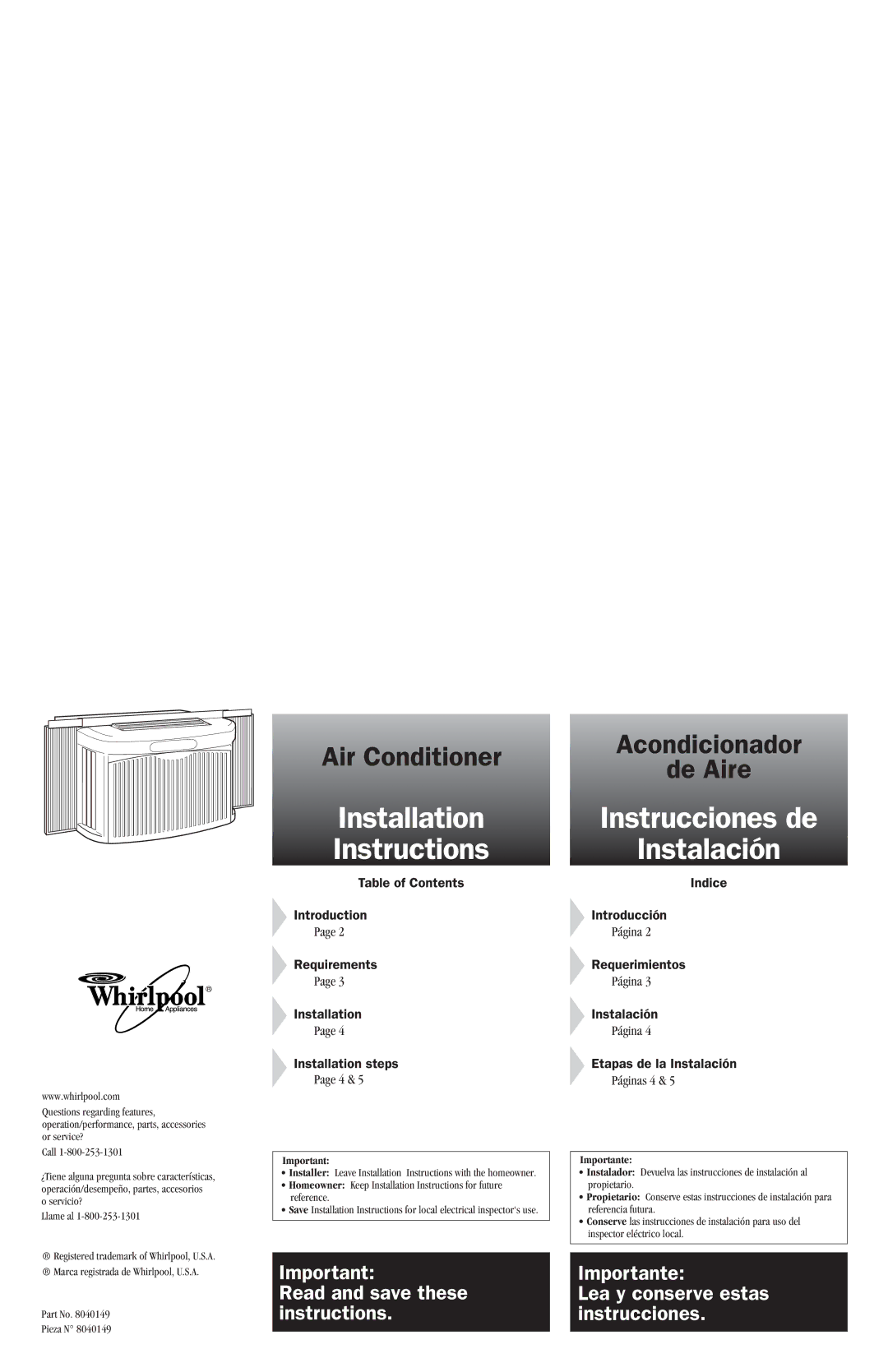 Whirlpool ACG052XJ0 manual Installation Instructions 