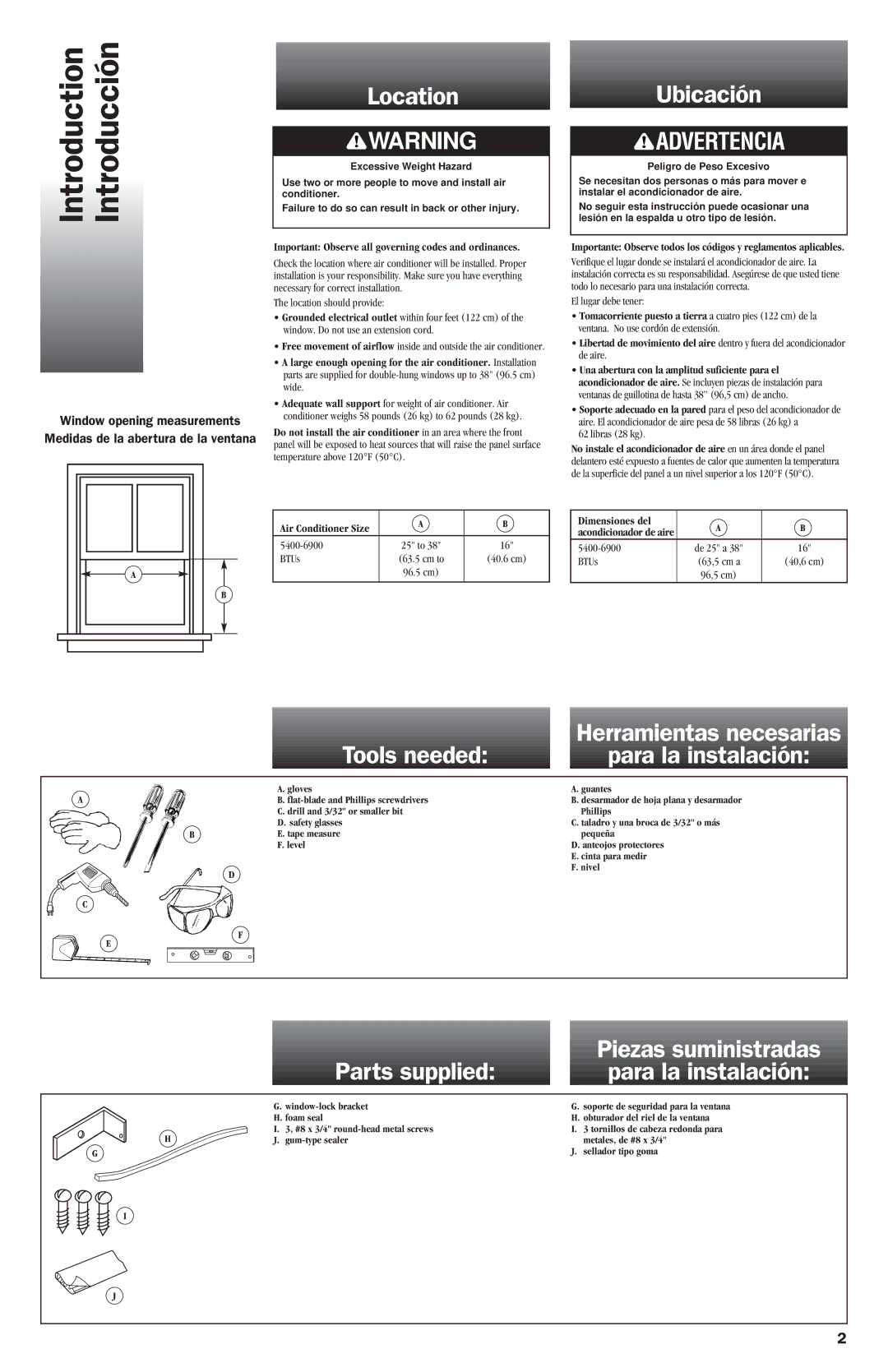 Whirlpool ACG052XJ0 manual Introduction Introducción 