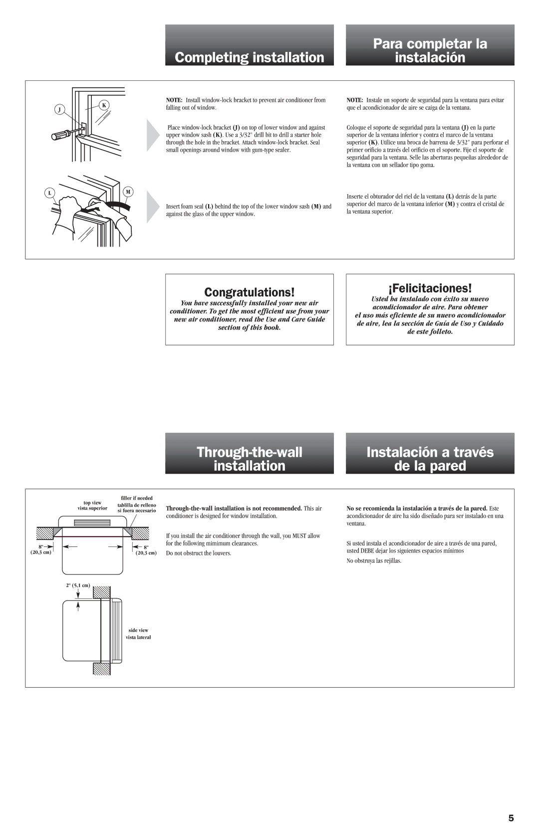 Whirlpool ACG052XJ0 manual Completing installation Para completar la Instalación 