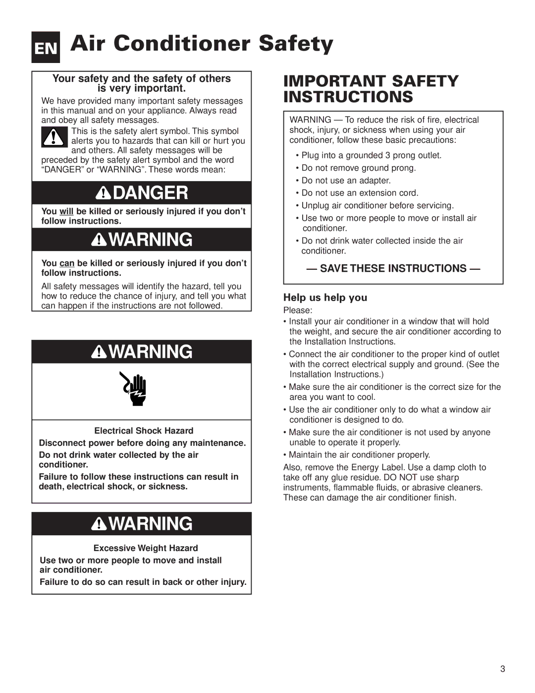 Whirlpool ACG052XJ0 manual EN Air Conditioner Safety, Help us help you 